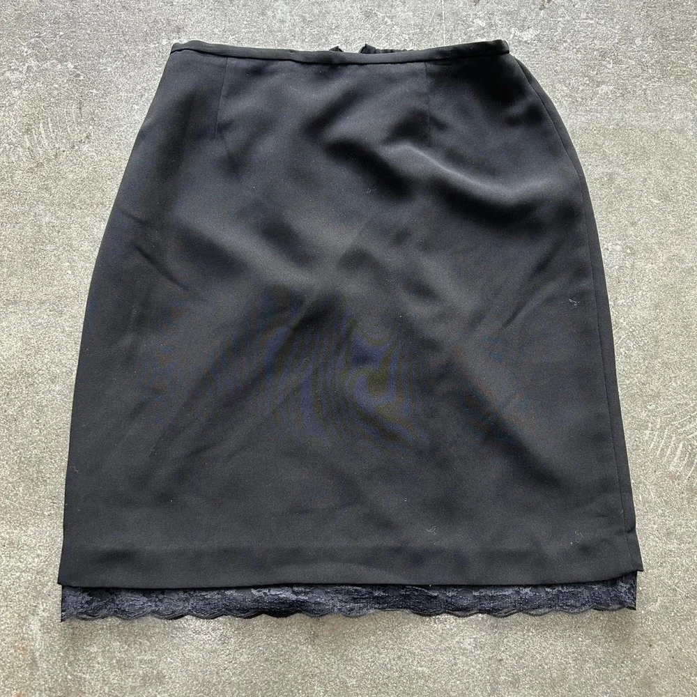 Vintage 90s Black Lace Trim Midi Skirt Women's‎ 14 Zip Back Evening Night Life